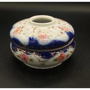 Antique Cobalt Blue & Pink Floral Porcelain Hair Receiver Dresser Jar Gold Gilt